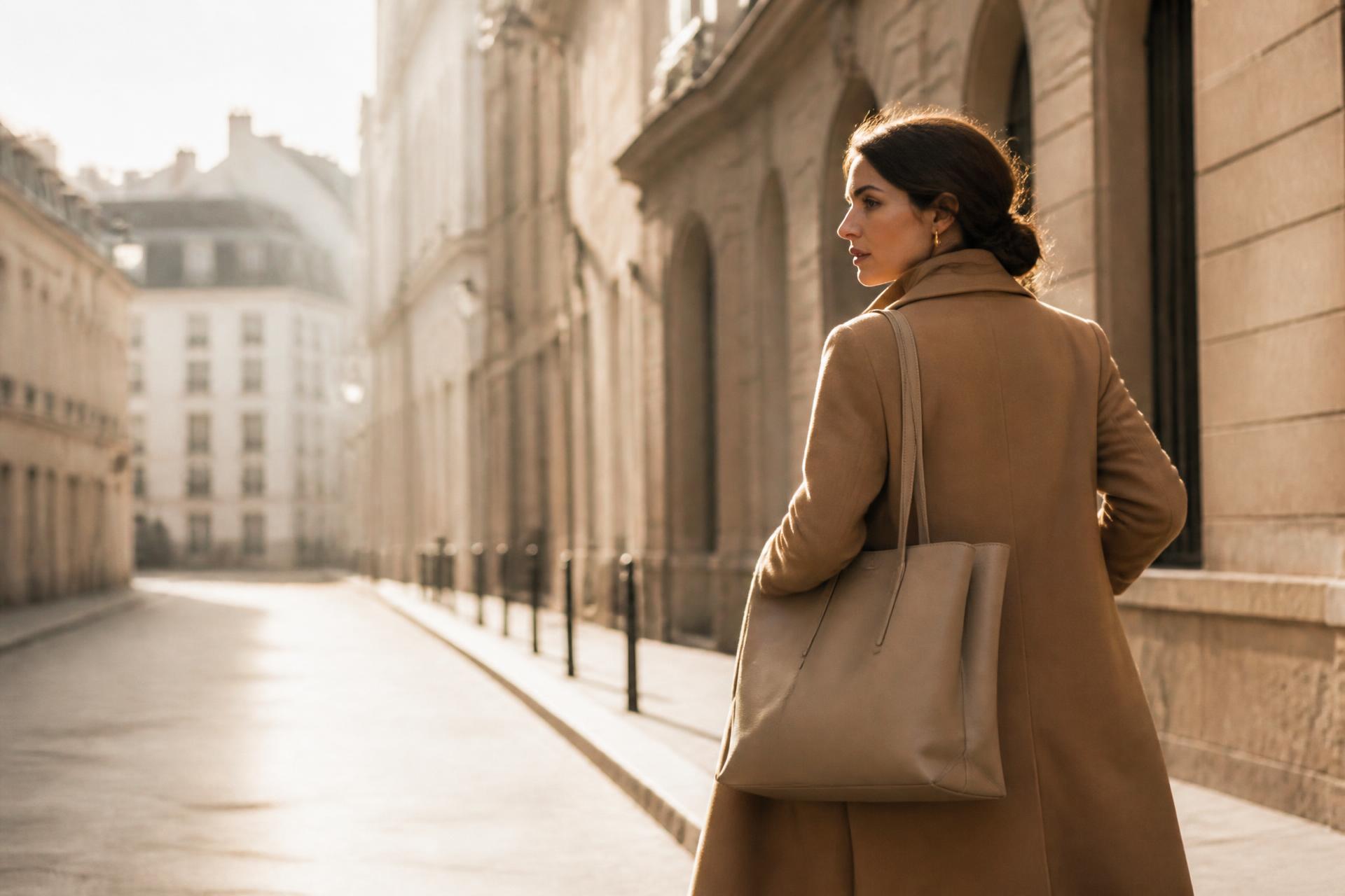 A woman in a camel coat carrying the LORASEN tote through morning light